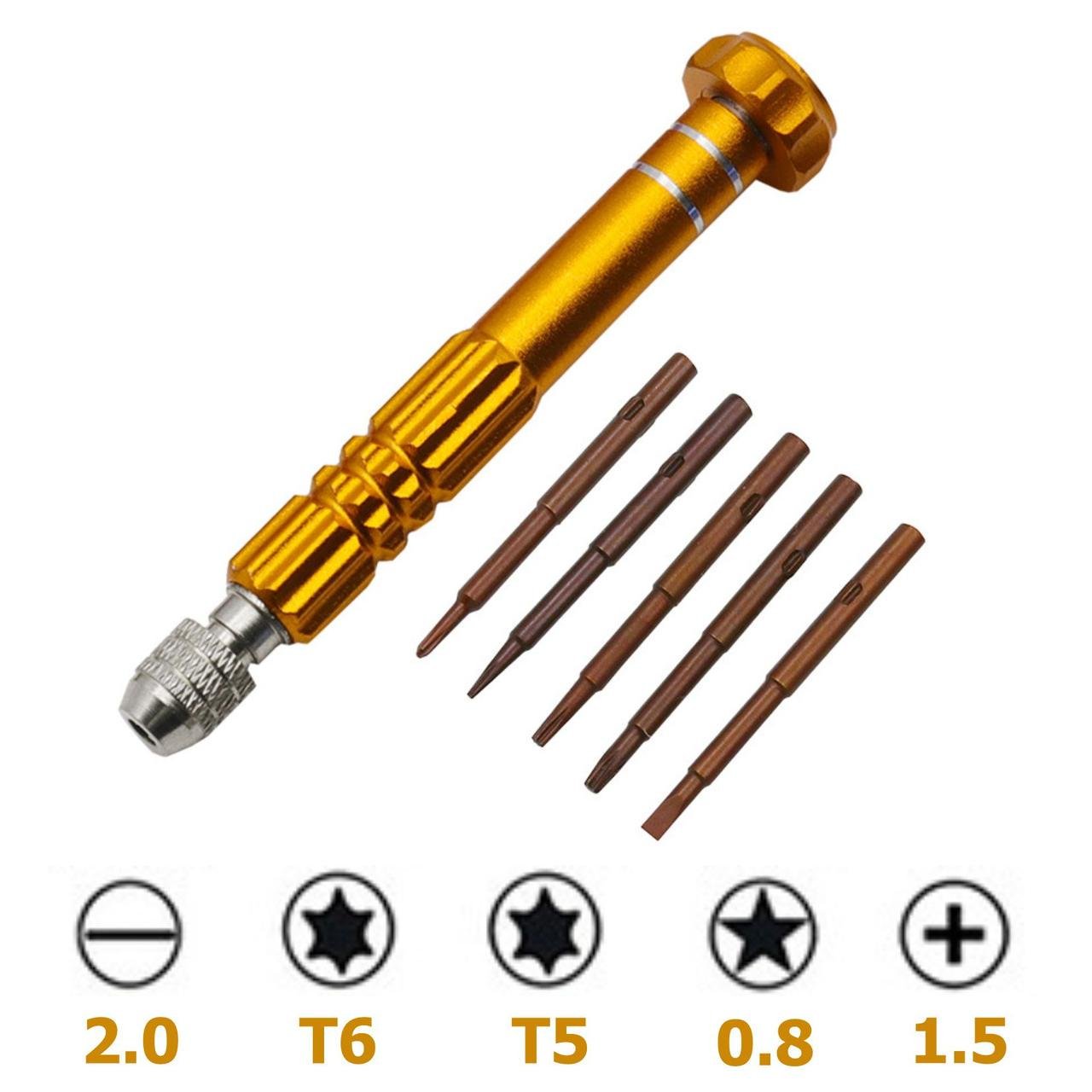 Отвертка прецизионная цанговая 5 намагниченных сменных жал Gold (137756) - фото 2