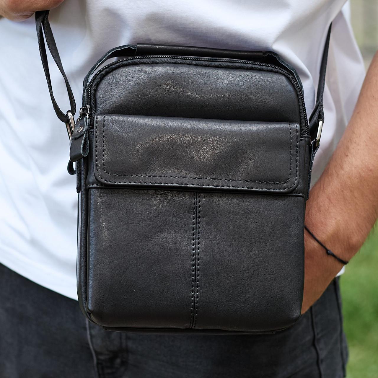 Сумка-барсетка мужская Tiding Bag через плечо кожаная гладкая Черный (TD-86573)