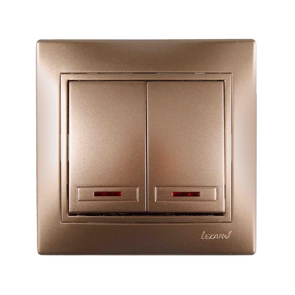 Вимикач двоклавішний Lezard Mira зі вставками з підсвіткою Світло-коричневий перламутр (27549975)