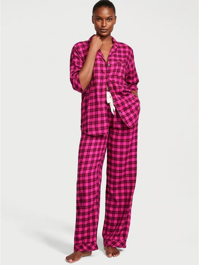 Піжама сорочка/штани фланель Victoria's Secret Long Pajama Set клітинка S Рожевий (26717952)
