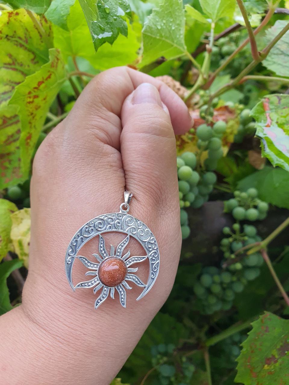 Кулон оберіг срібний Сонце в лунниці з камінням золотий пісок 925 проби (29541528) - фото 6