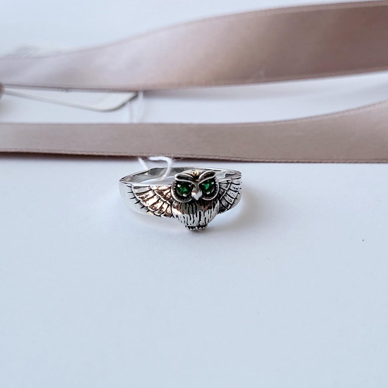 Каблучка срібна жіноча Сова із зеленими очима р. 17 925 проби 1,87 (81756з)