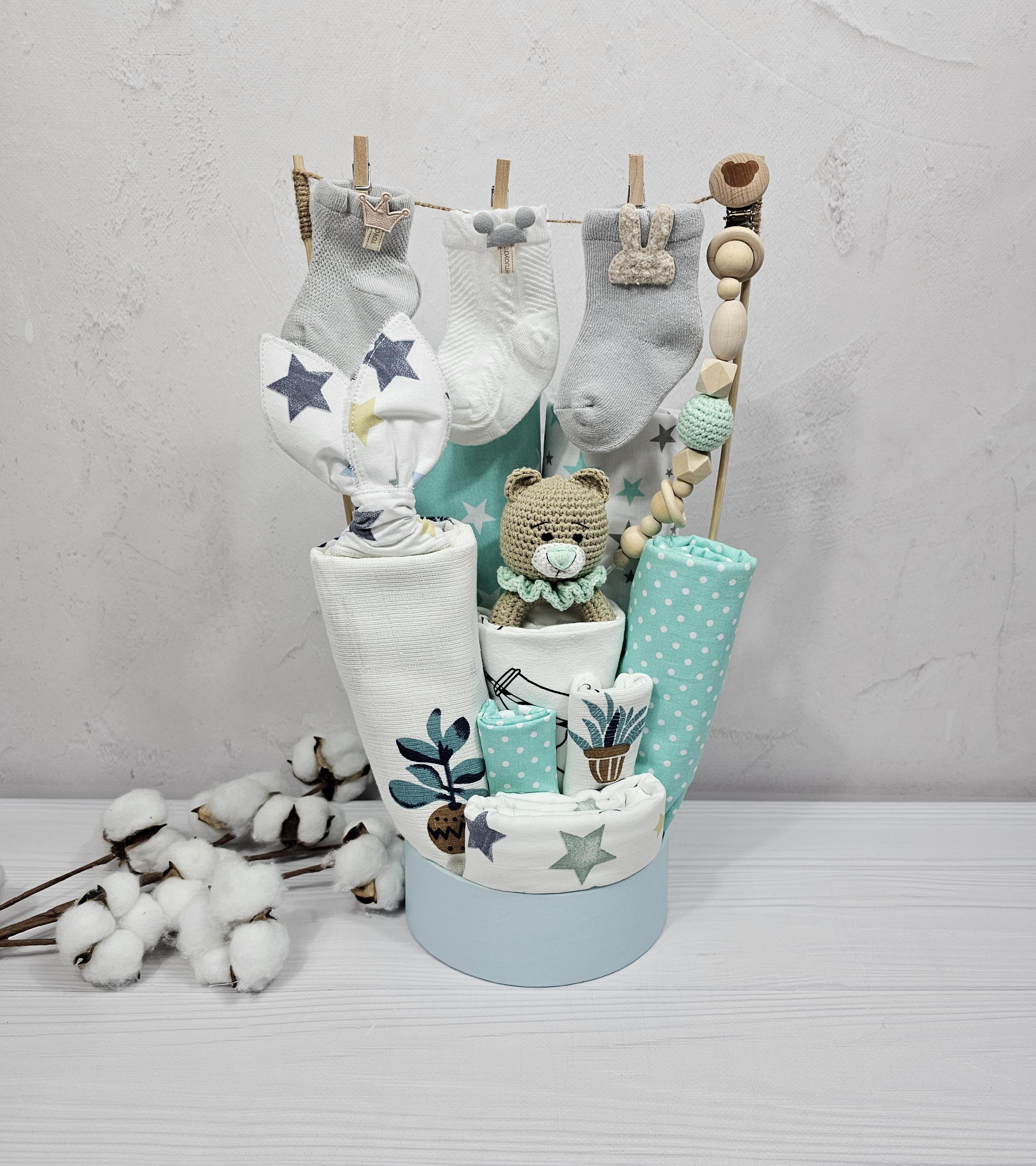 Подарунковий букет для немовлят a.l.babybox Магія зірочок 3 з пелюшками та аксесуарами (30464285)