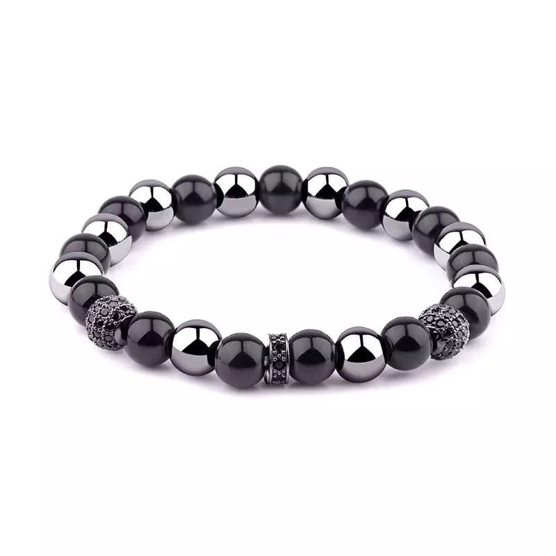 Браслет з агату та гематиту з кулями та диском р. 17 Чорний/Сірий
 (90052)