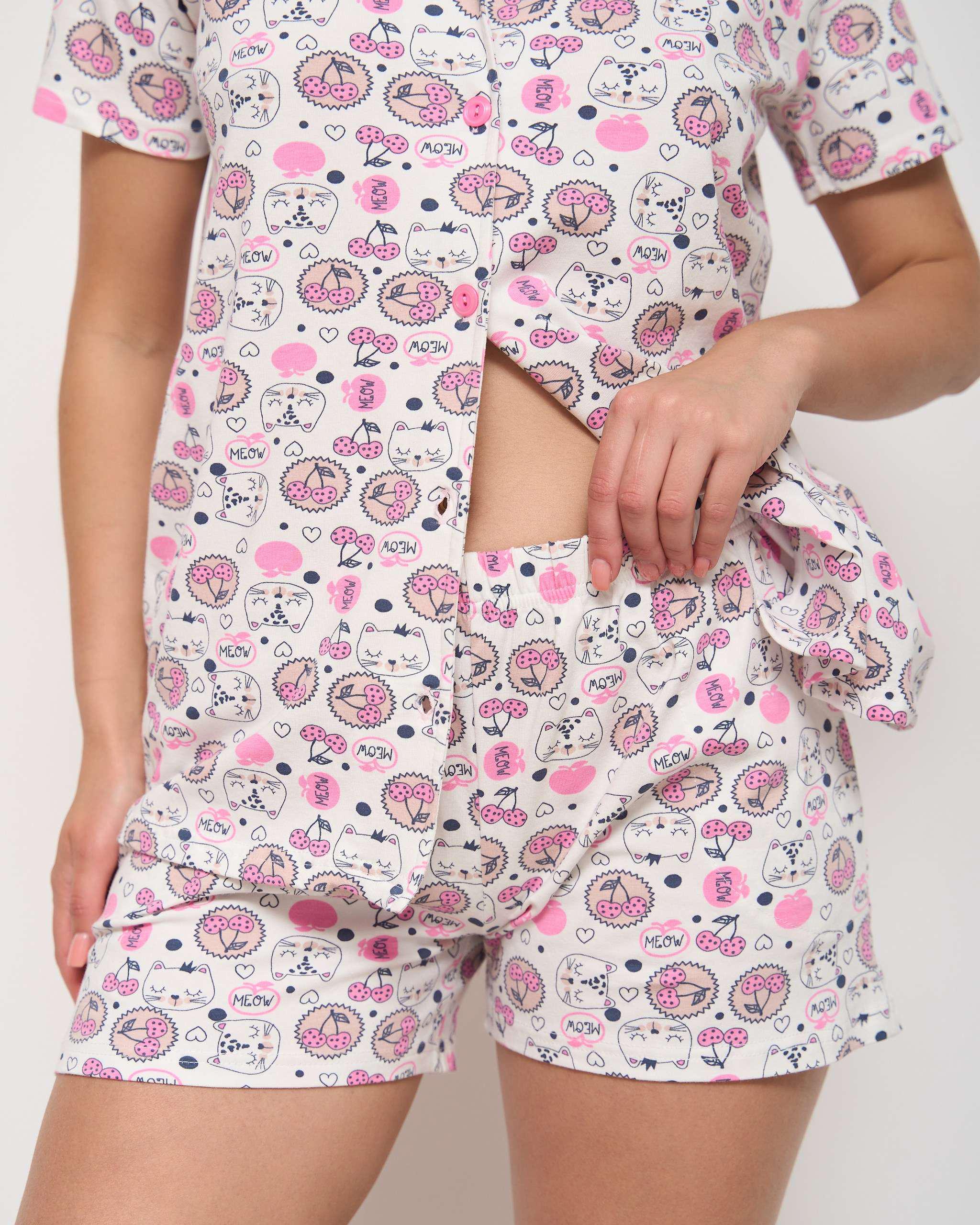 Пижама женская рубашка и шорты Кошки и вишенки L Белый (60184) - фото 4