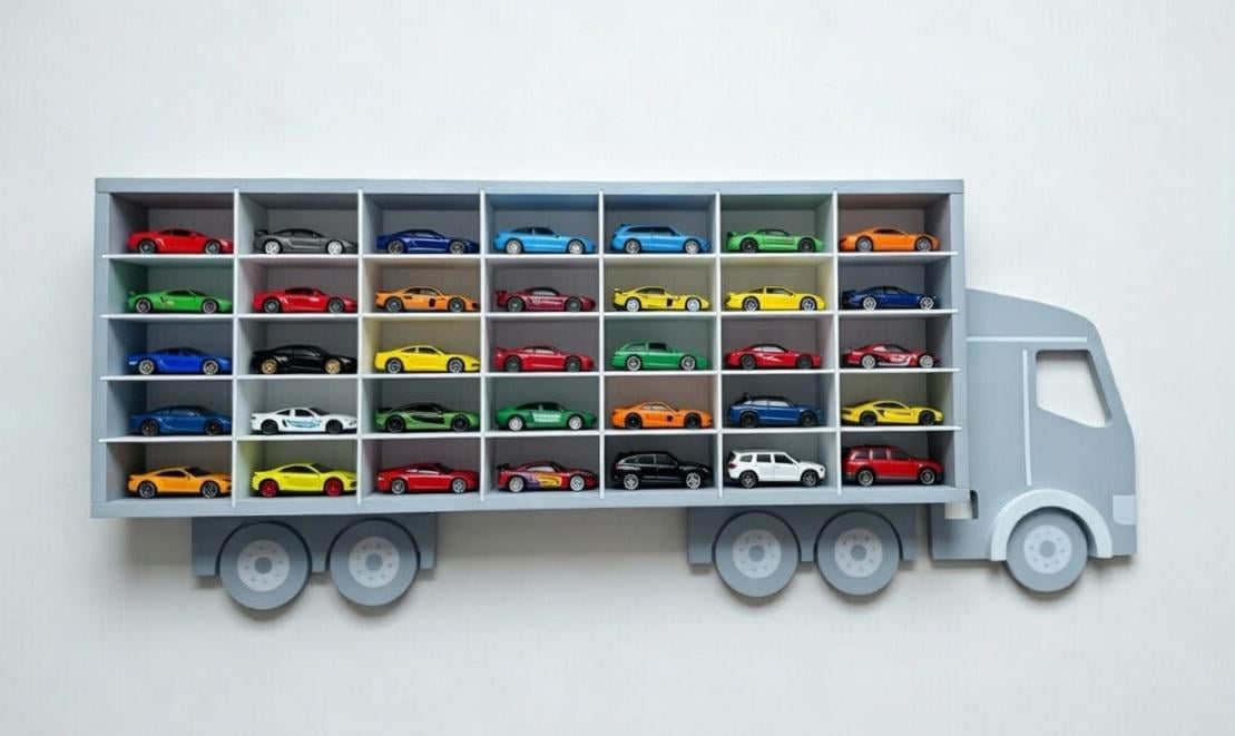 Дитяча полиця-гараж настінна для машинок-модельок hot wheels Біло-сірий (10010)