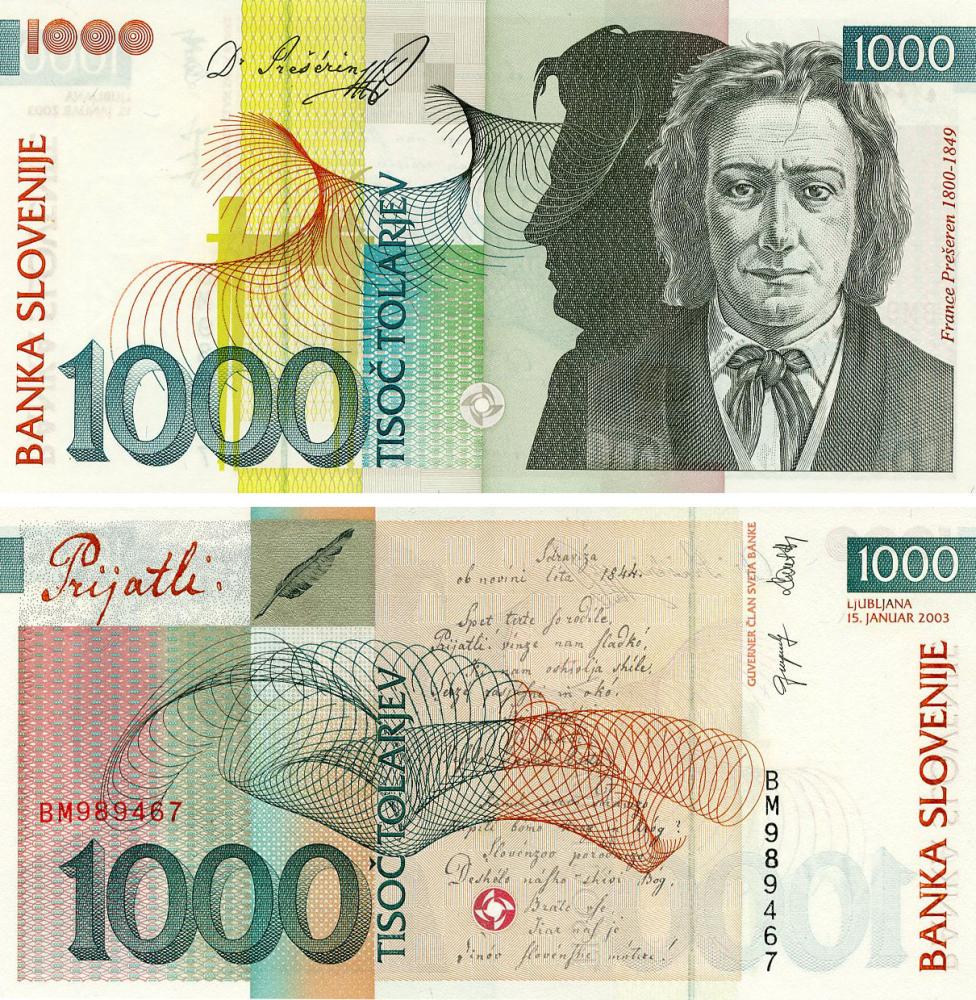 Коллекционная банкнота Словения 1000 толаров 2003 UNC (P32a)