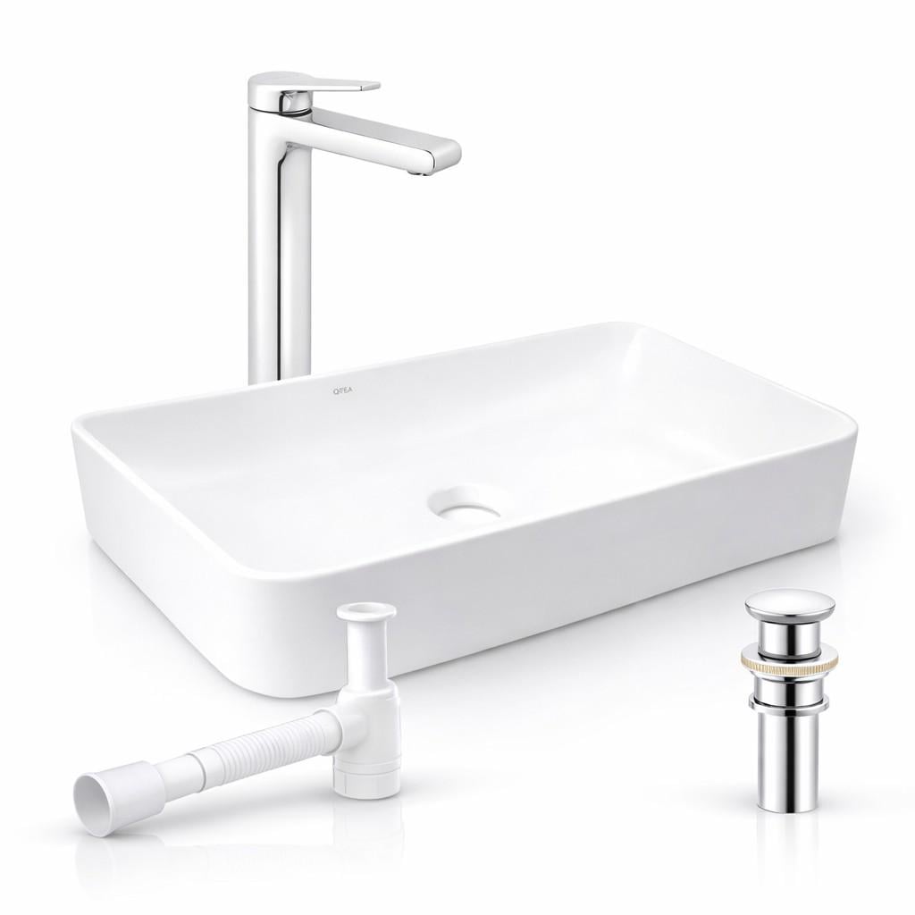 Комплект для ванной Qtap Tern 610×350 White накладная раковина/высокий смеситель Arvin Chrome/донный клапан PU02/сифон