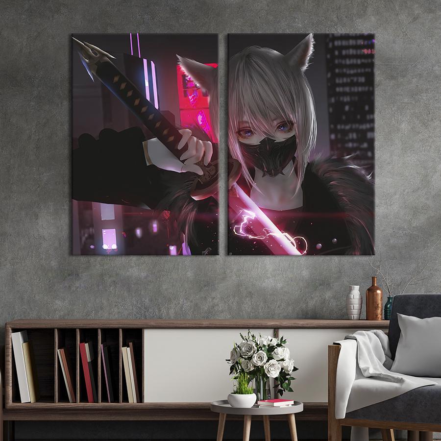 Настінний декор диптих картина на холсті для інтер’єру Дівчина-воїн з аніме 71x51 см (678-2)