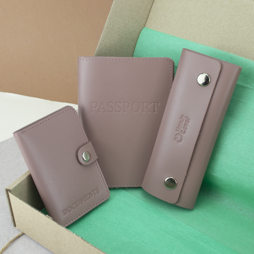 Подарунковий набір жіночий Handycover №63 обкладинка на документи/обкладинка на паспорт/ключниця Нюдовий