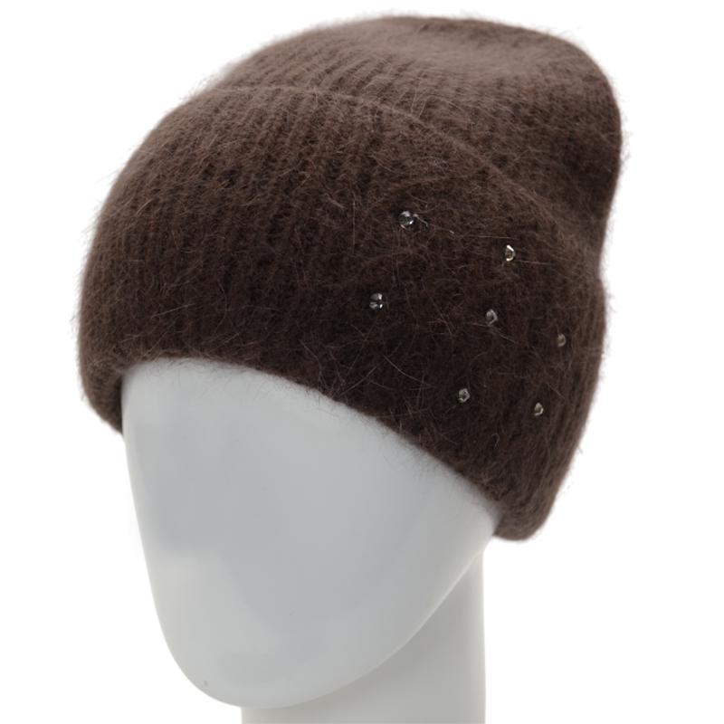 Шапка жіноча ангорова з відворотом утеплена флісом Novita Крокус з візерунком прикрашена стразами Капучино - фото 1