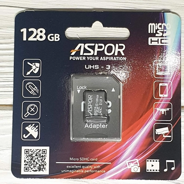 Карта памяти Aspor MicroSDHC 128GB UHS-III Class 10 с SD-адаптером (1858272790) - фото 3 Карта памяти Aspor MicroSDHC 128GB UHS-III Class 10 с SD-адаптером (1858272790) - фото 3