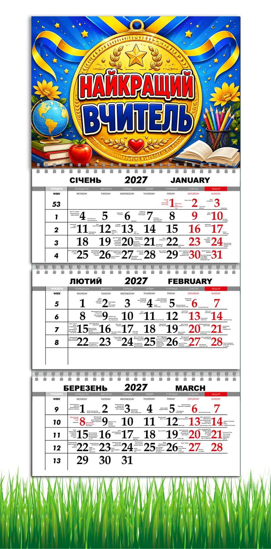 Календарь настенный квартальный на 2027 год APRIORI "Найкращий вчитель" 30х61 см (37216455)
