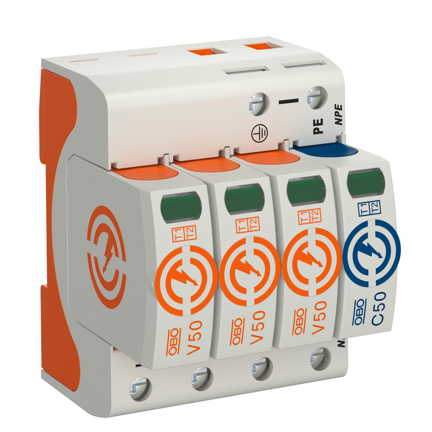 Ограничитель перенапряжения OBO bettermann V50-3+NPE-385 3P+N/PE 120кА 385 В класc 1+2 B+С (5093586)