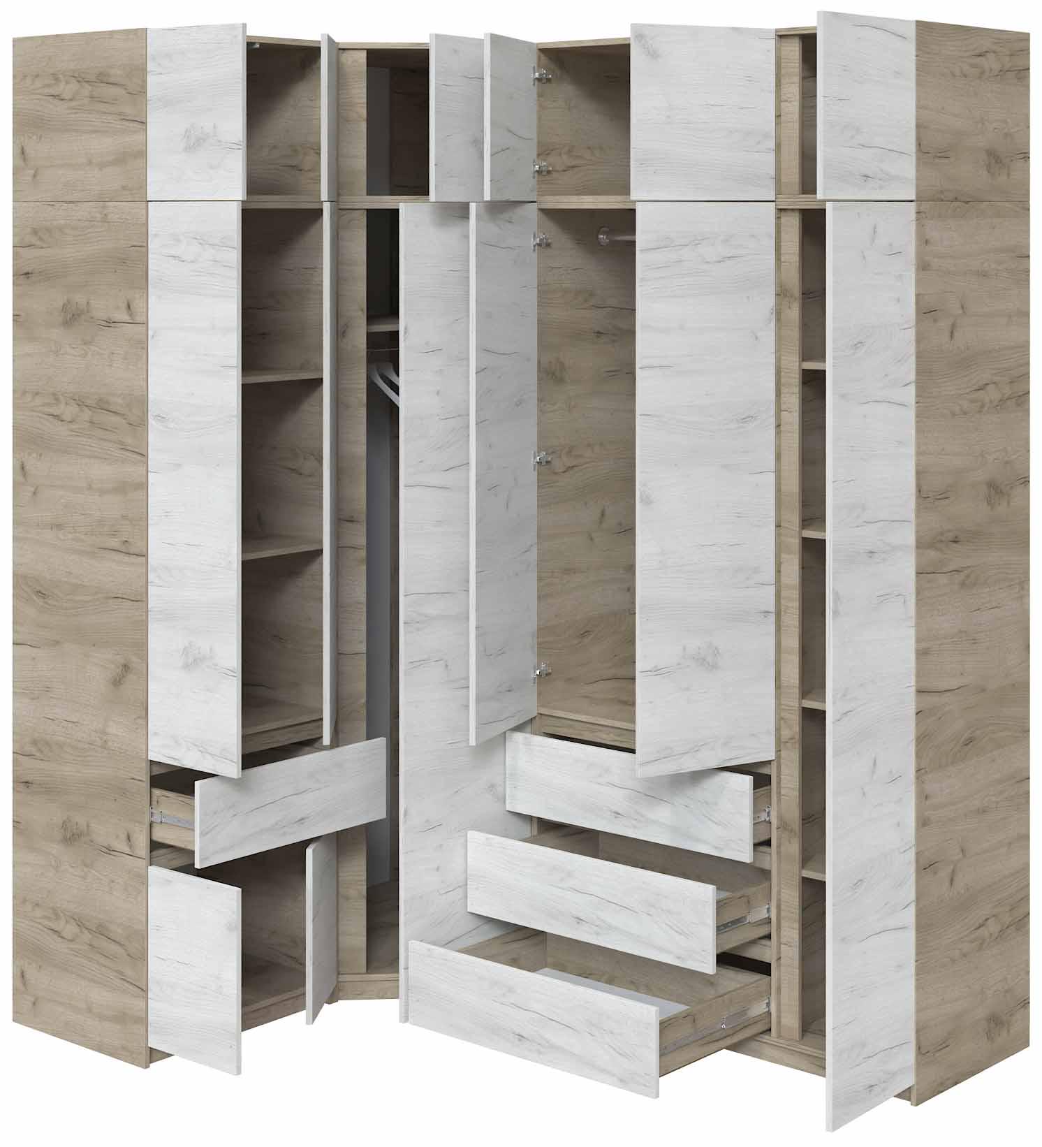 Стенка-шкаф угловой Мастер Форм Брайт 1450/2050х520х2400 мм Дуб крафт серый/Дуб крафт белый (32906) - фото 2 Стенка-шкаф угловой Мастер Форм Брайт 1450/2050х520х2400 мм Дуб крафт серый/Дуб крафт белый (32906) - фото 2