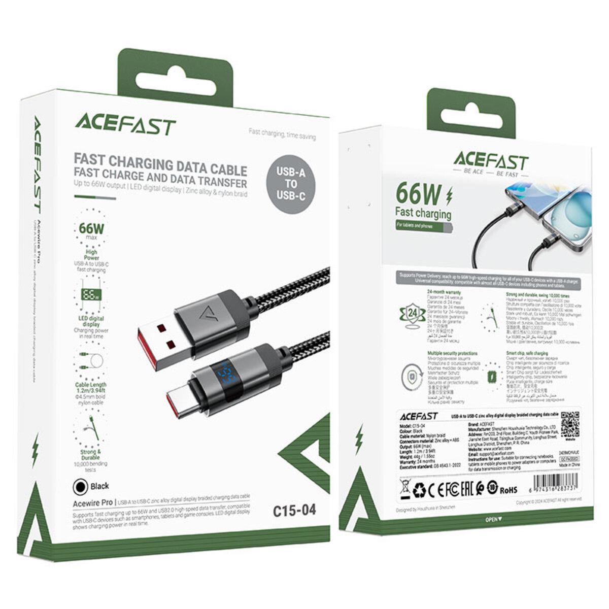 Кабель Acefast USB-A to USB-C C15-04 нейлоновая оплетка 66W с цифровым дисплеем 1,2 м Черный (612455) - фото 4 Кабель Acefast USB-A to USB-C C15-04 нейлоновая оплетка 66W с цифровым дисплеем 1,2 м Черный (612455) - фото 4
