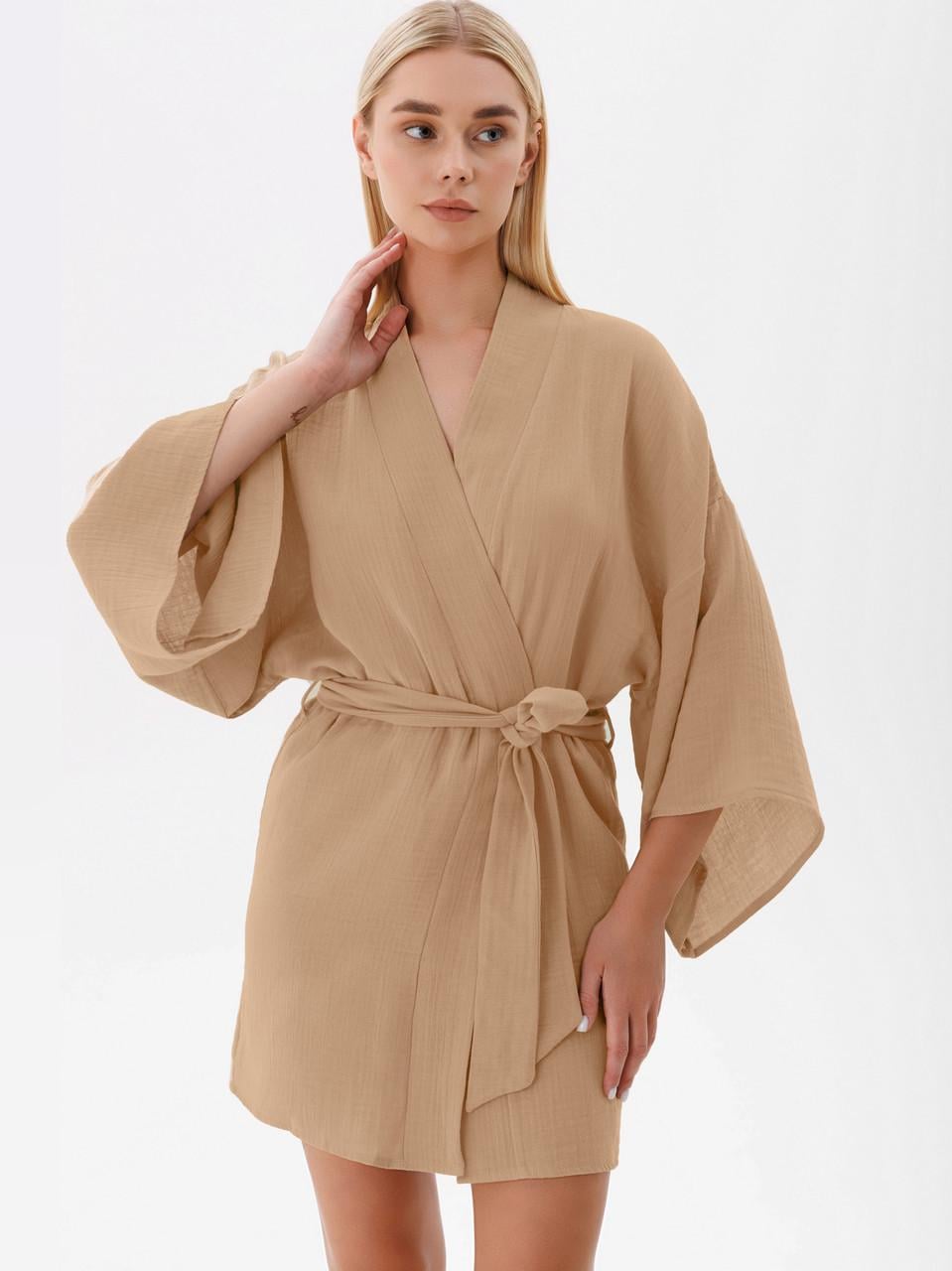 Халат-кимоно женский Leinle на запах с широкими рукавами 7/8 и поясом муслиновый XS Бежевый (1633/11023)