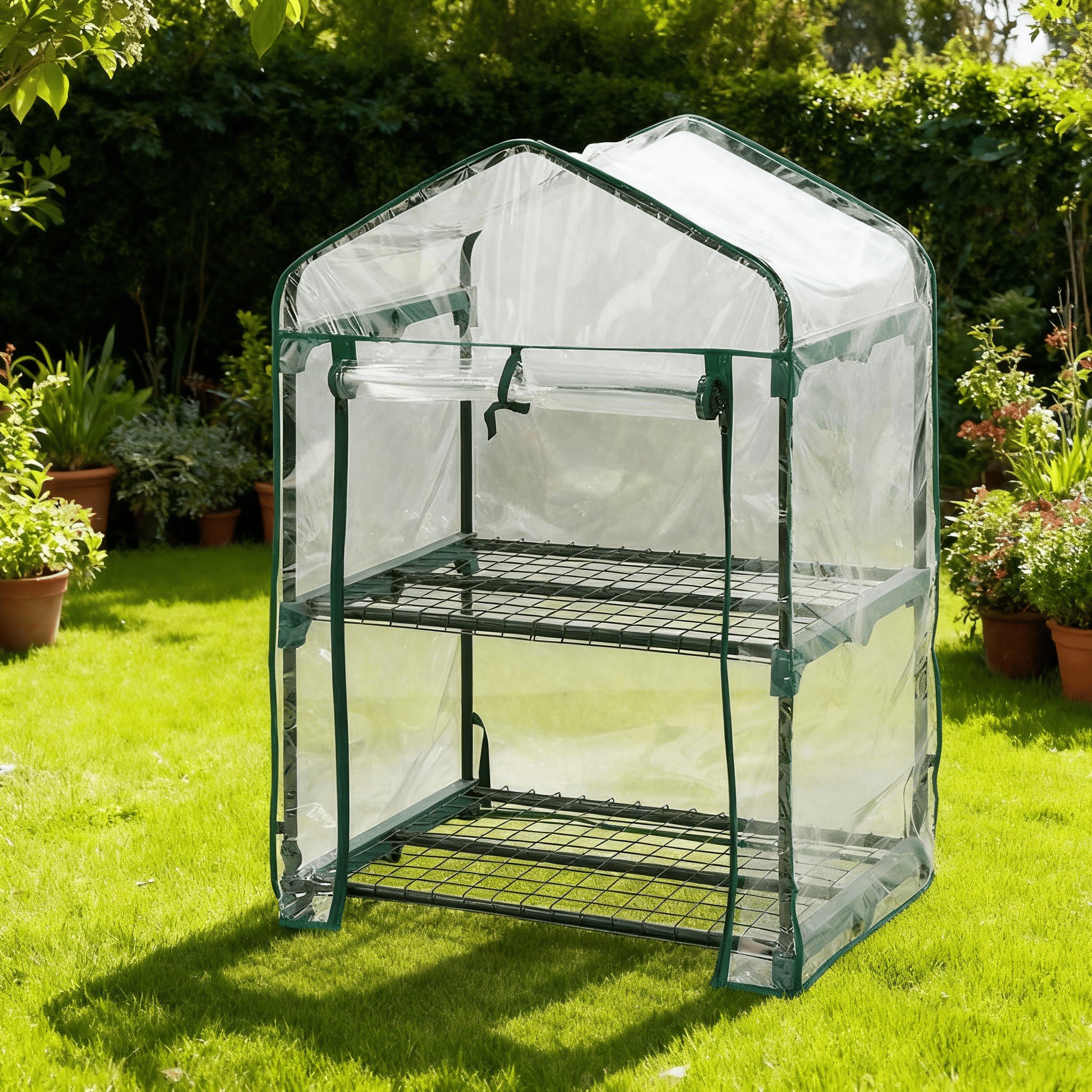 Парник складаний садовий для дому на 2 полиці Neo Tools із ПВХ плівки та металу для зеленої розсади 95х69х49 см Прозорий/Зелений (15-900)