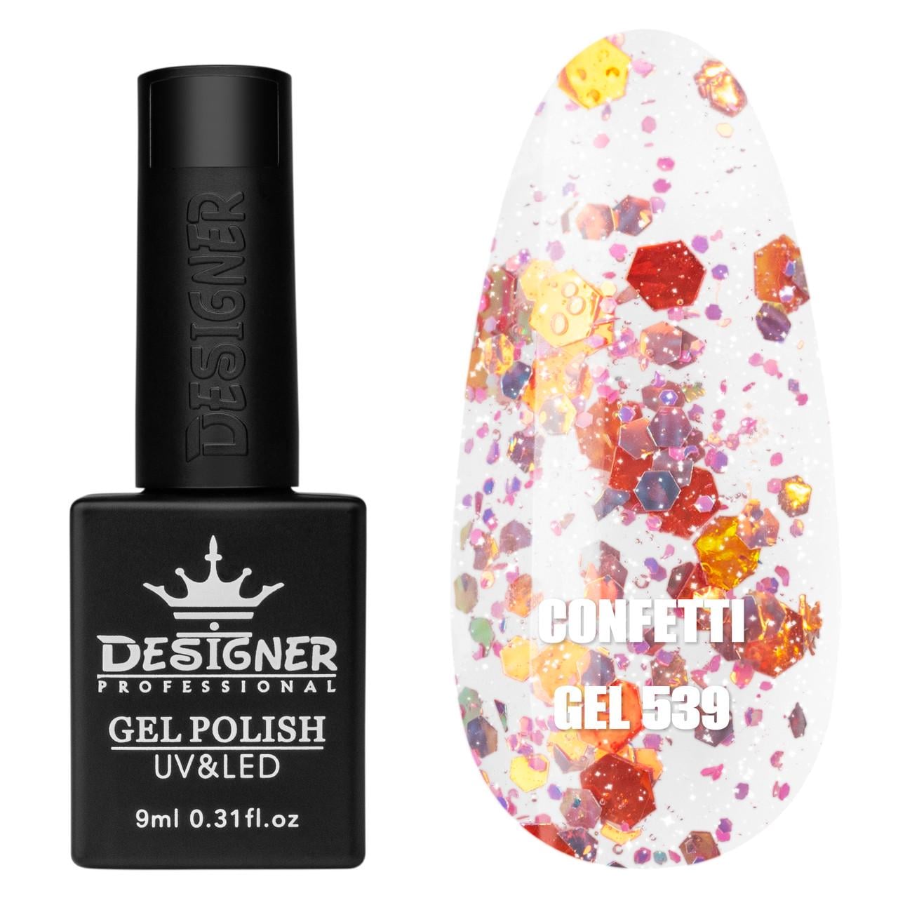 Гель-лак для маникюра Confetti gel Дизайнер с конфетти 9 мл Оранжевый с розовым №539
