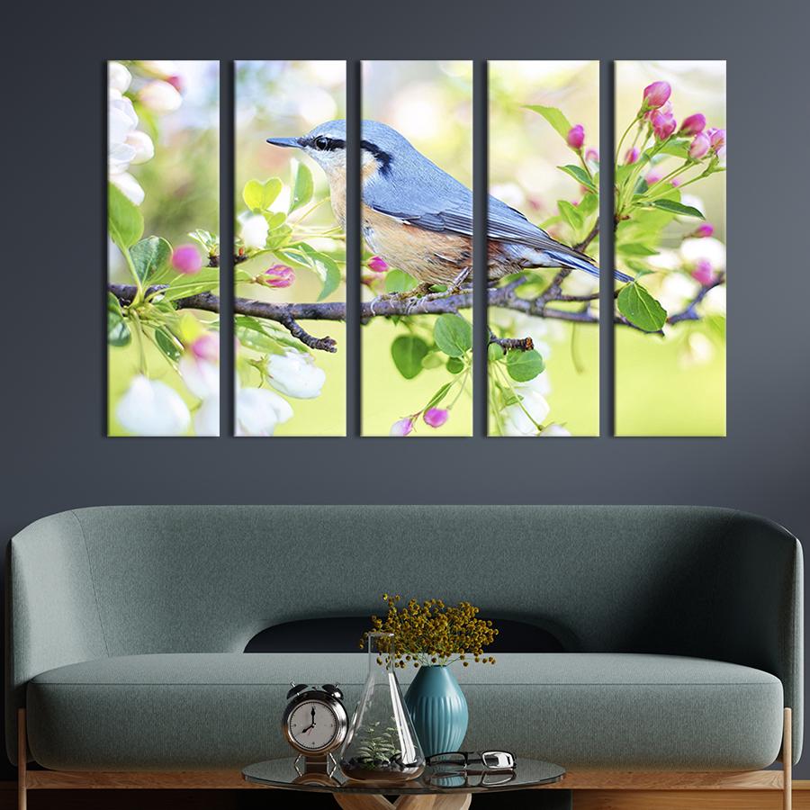 Модульна картина із 5 частин на холсті інтер'єрна картина Птах на квітучому яблуні 87х50 см (206-51)