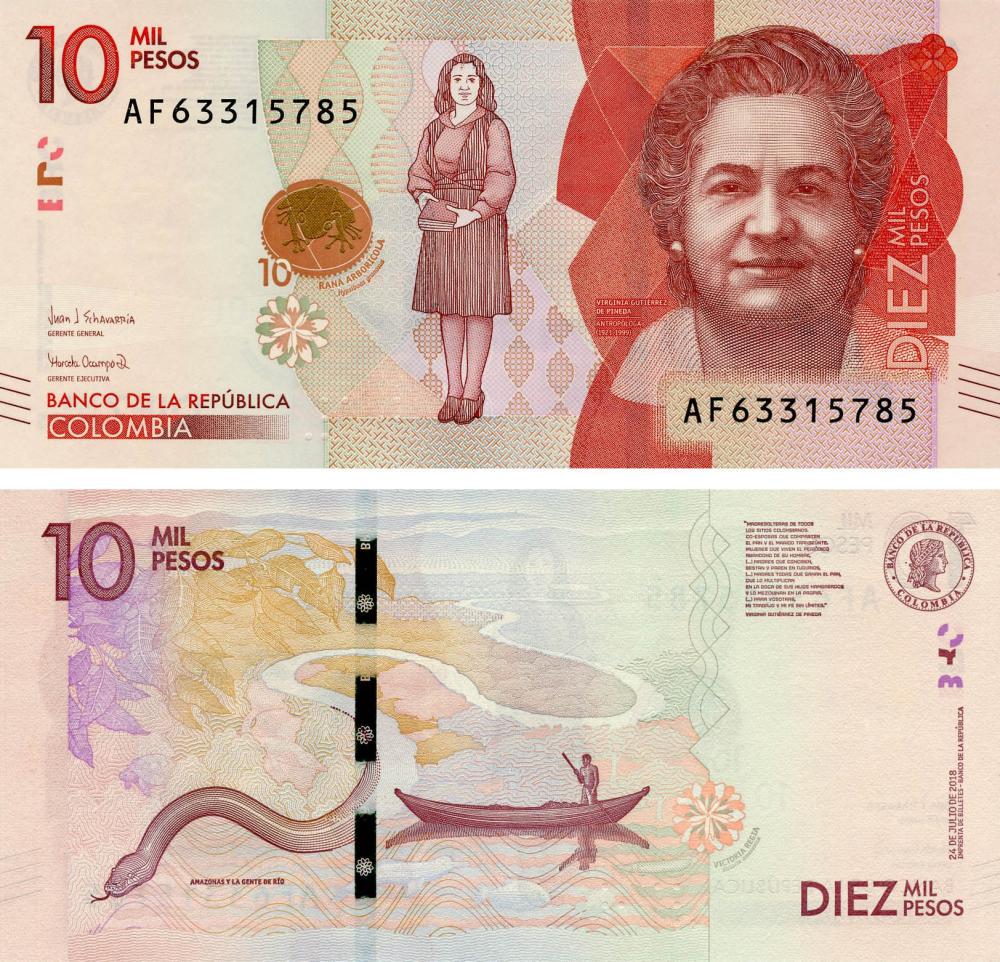 Коллекционная банкнота Колумбия 10000 песо 2019 UNC Река Амазонка Змея P460 (Б17922)