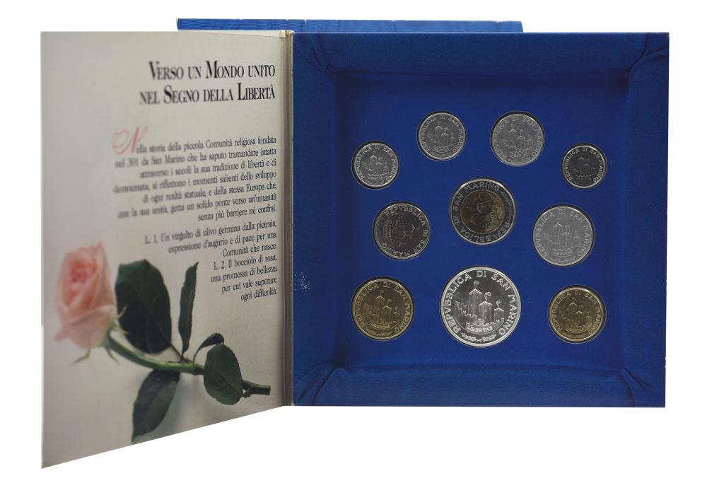 Набор коллекционных монет Сан-Марино 10 шт. 1993 UNC 1/2/5/10/20/50/100/200/500/1000 лир из серебра (М23379)