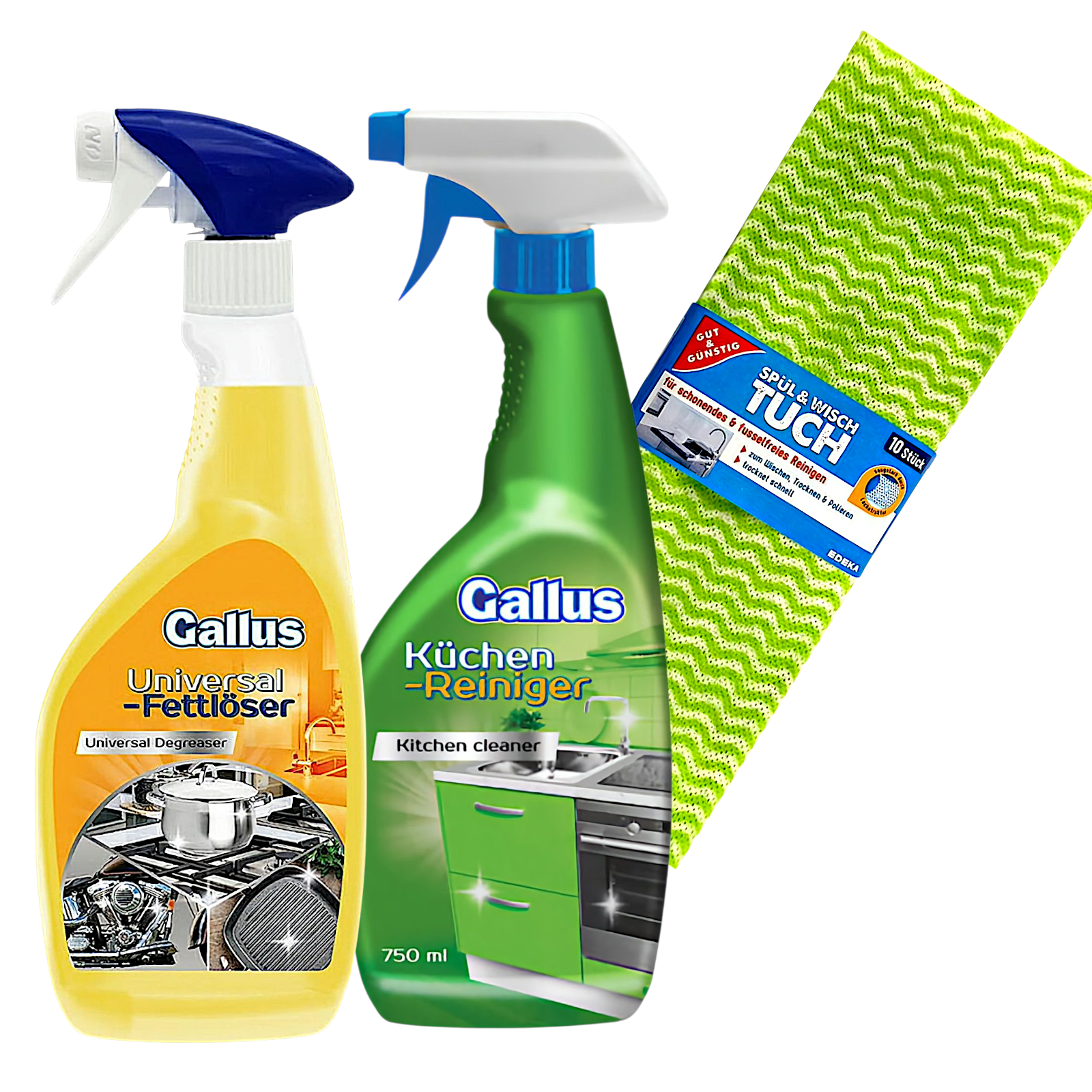 Набор для чистки кухни Gallus/Kuchen-Reiniger 750 мл/Odtluszczacz Uniwers 750 мл/тряпка Spul-Wischtuch/Gut&Gunstig 10 шт. (111151)