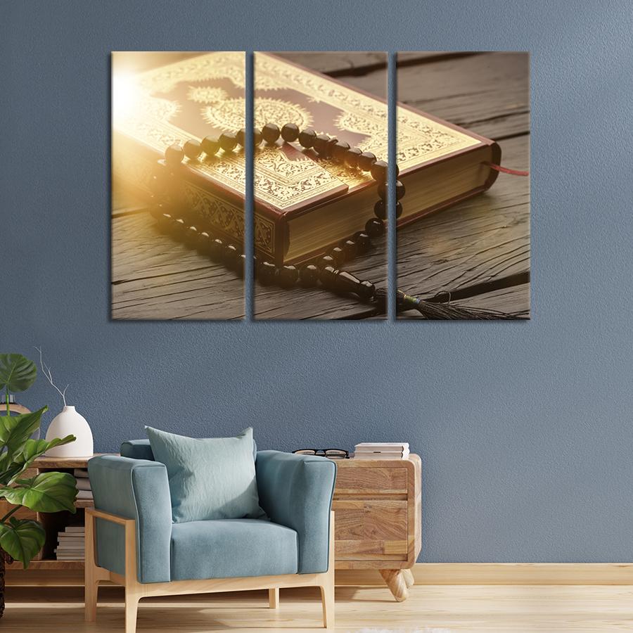 Модульная картина триптих Золотой Коран и чёрные чётки 156x100 см (467-31)