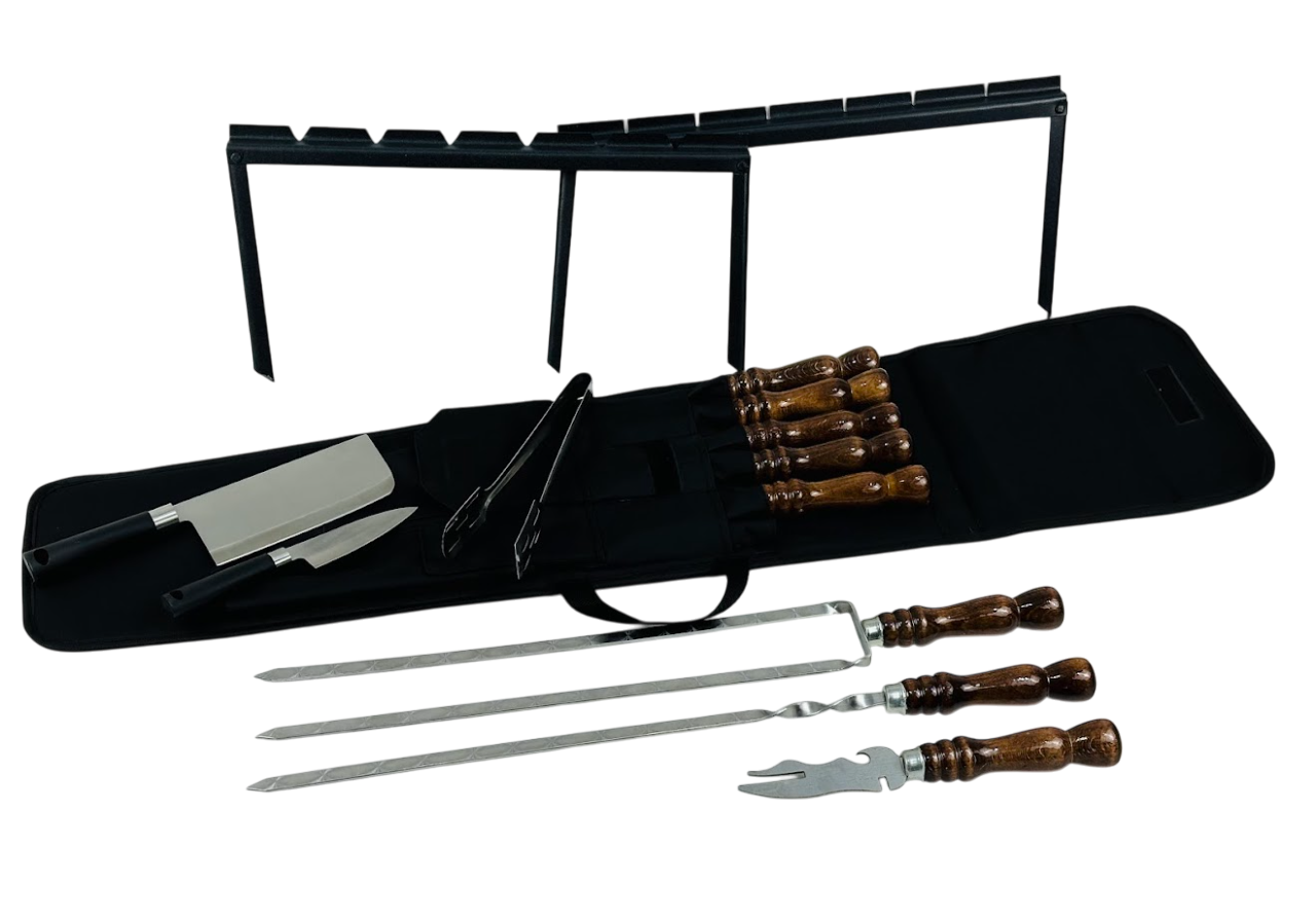 Подарочный набор шампуров и аксессуаров Приклад-2 для пикника 12 предметов из нержавеющей стали в чехле 75х24х5 см Черный (124-10-NB-2233)