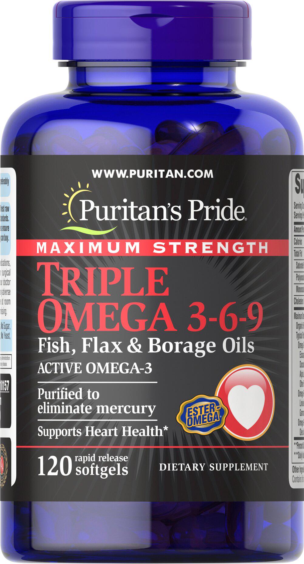 Витамины Puritan's Pride Maximum Strength Triple Omega 3-6-9 Fish, FlaxBorage Oils 120 SGL