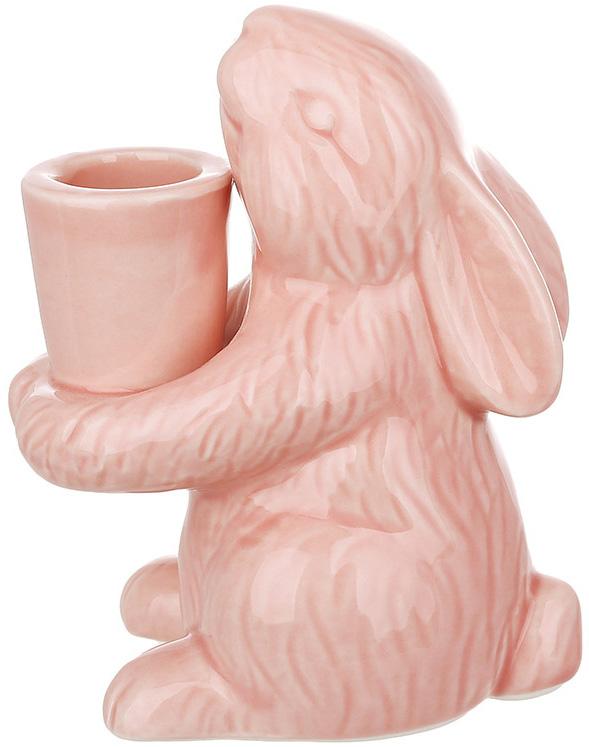 Подсвечник фарфоровый Кролик на 1 свечу 11 см Розовый