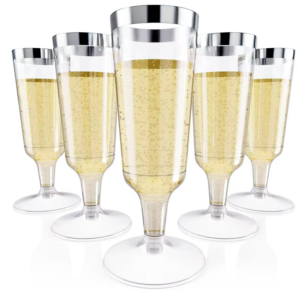Набор пластиковых бокалов для шампанского премиум класса праздничные многоразовые с серебристым ободком 10 шт. 147 мл