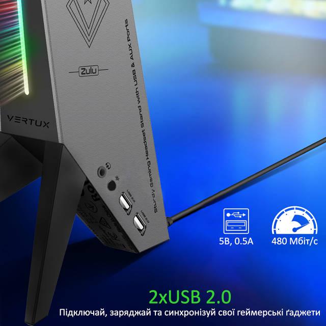 USB-хаб Vertux Zulu 2xUSB 2.0/AUX 3,5 мм с подставкой для наушников Black - фото 4