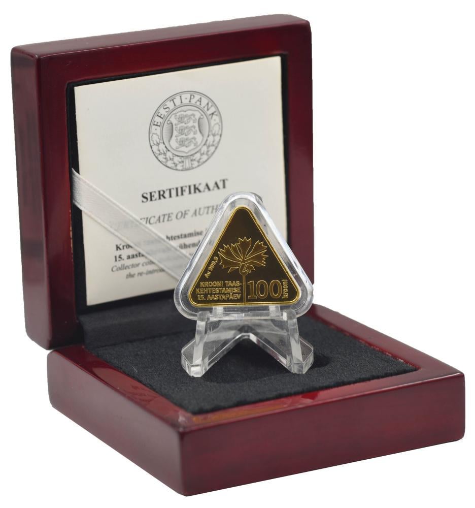 Коллекционная монета Эстония 100 крон 2007 Золото Proof Like Памятная-15 лет эстонской кроне 1/4 четверть унции 7,78 гр. (М19201)