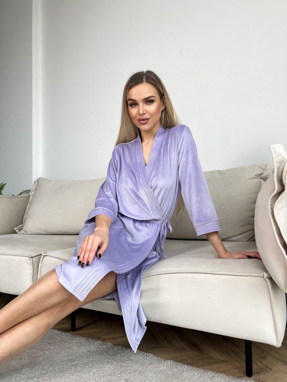 Халат женский Julia Ulich на запах с рукавами три четверти велюровый L Сиреневый (ХВ2_52) - фото 6