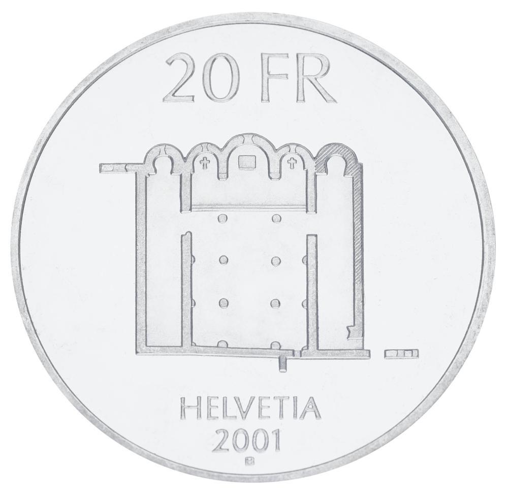 Коллекционная монета Швейцария 20 франков 2001 Серебро UNC 100 лет швейцарському абатству Мюстер (М18944)