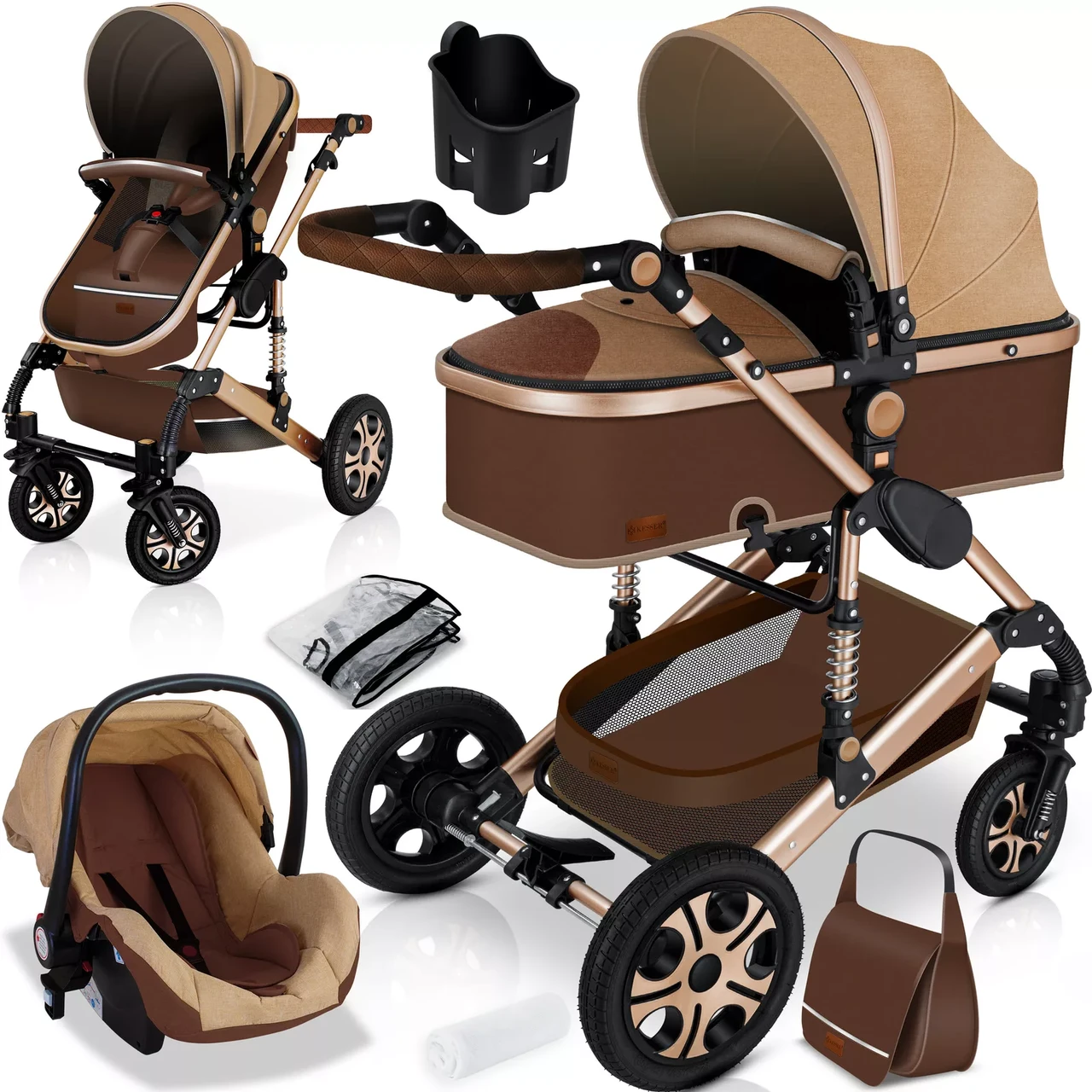 Коляска дитяча з автокріслом KESSER 3в1 94x64x119 см Коричневий/Золотистий - фото 8