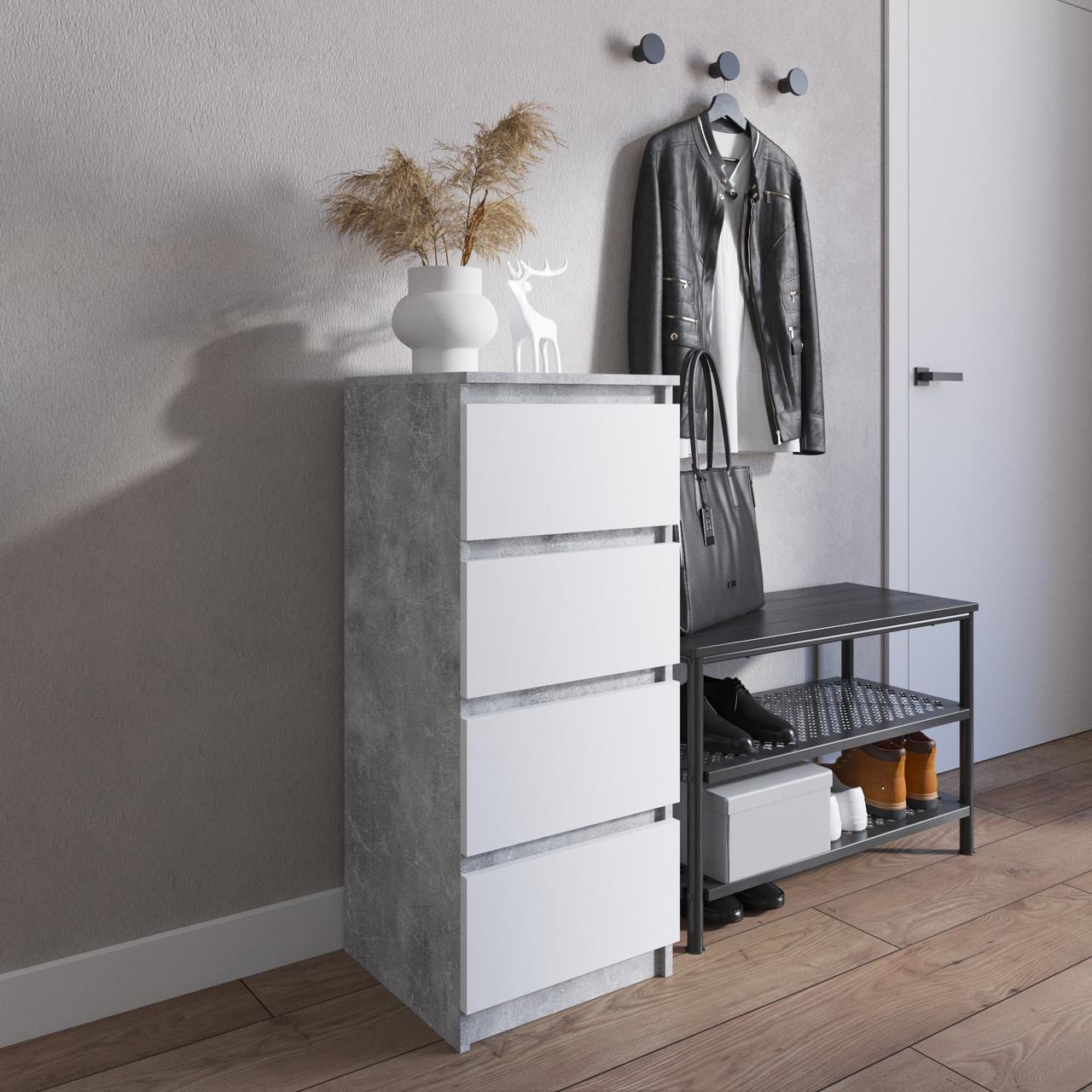 Комод узкий VAYS 4 ящика 40х40х98 см Бетон/Белый (30642125)