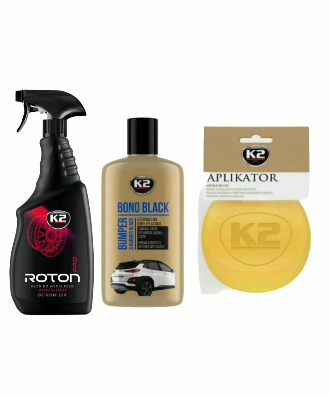 Набор для ухода за авто К2 очиститель дисков ROTON/чернение пластика Bono Black/губка (2521085717)