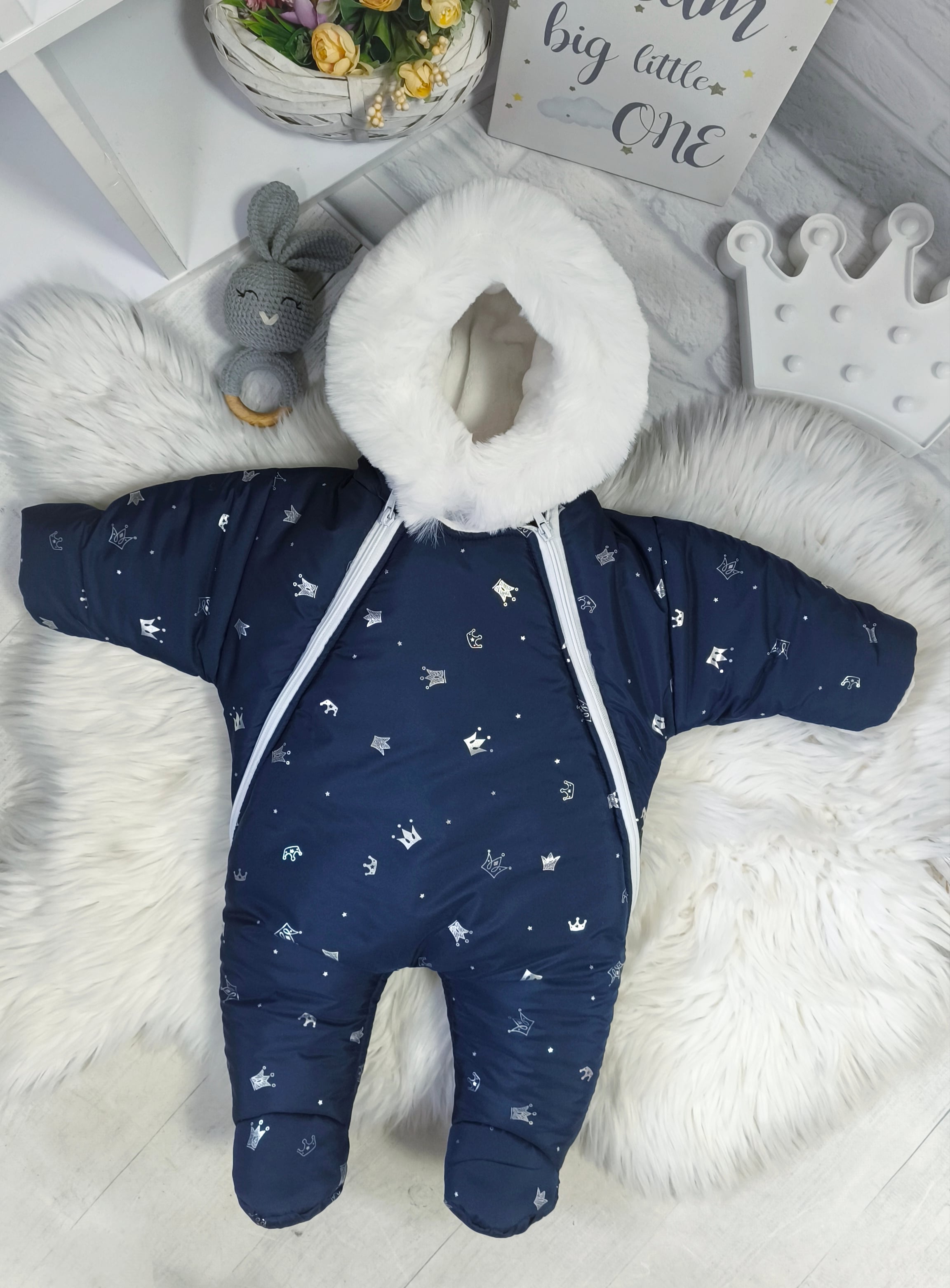 Детский зимний комбинезон ElLiz_kids Корона на бахроме 0-4 месяца Синий (Korona-blue)