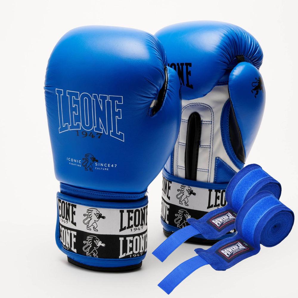 Боксерські рукавиці Leone GN208 ICONIC 16 унцій бинти 4 м в комплекті Blue