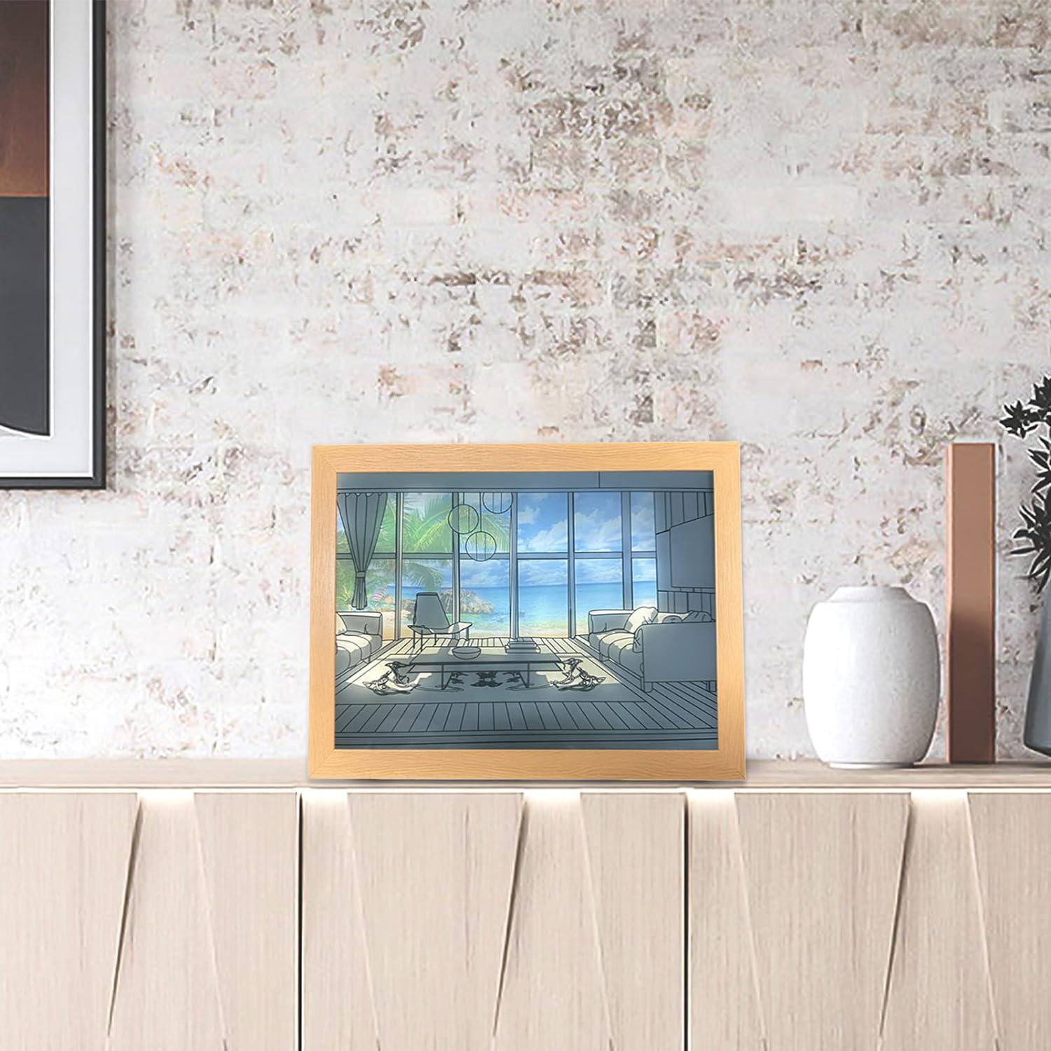 Ночник Led с пейзажем моря и пальмами деревянная рамка 3 режима - фото 9