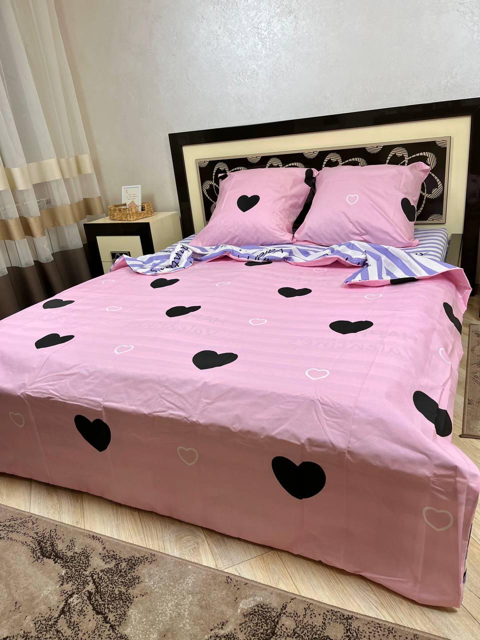 Комплект постельного белья Сердца хлопковый двуспальный 180x220/50х70 см Розовый (14716287)