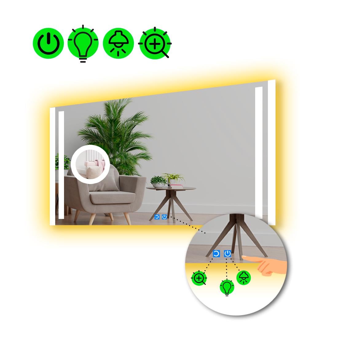 Зеркало с LED подсветкой Mirta с двумя сенсорами и линзой без подсветки 90x60 см (8776309)