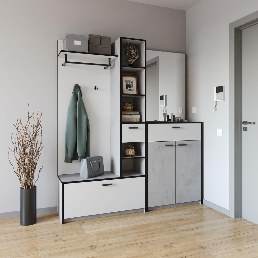 Прихожая Moreli KO-0002 с зеркалом/крючками и штангой для одежды 1690х1880х380 мм Бетон Тефра/Белый (27687762) Прихожая Moreli KO-0002 с зеркалом/крючками и штангой для одежды 1690х1880х380 мм Бетон Тефра/Белый (27687762)