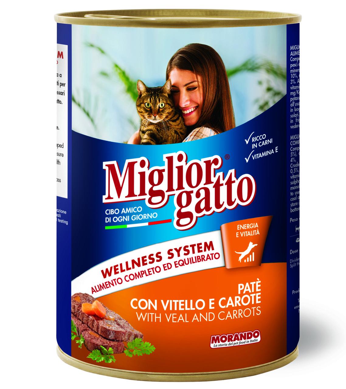 Корм влажный Migliorgatto Pate для взрослых кошек в виде паштета с телятиной и морковью 400 г