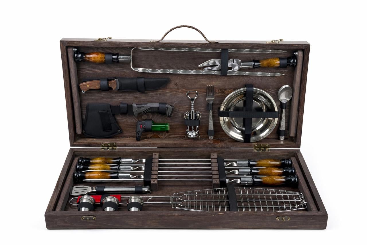 Набор для пикника GrillMaster кейс стол-трансформер с решеткой/топором 38 пр. Коричневый (10-164-KS-7508)