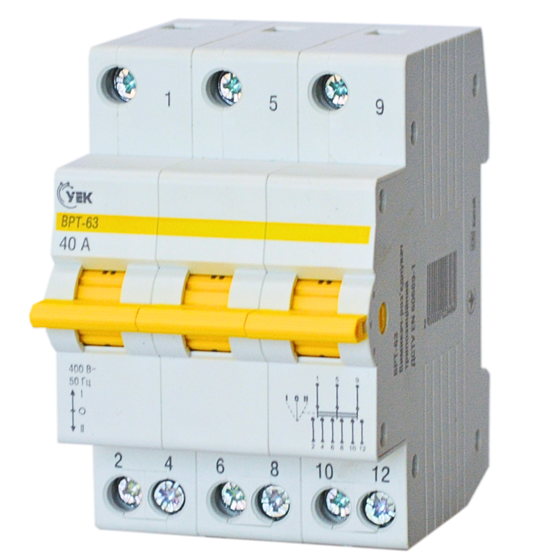 Вимикач-роз'єднувач УЕК ВРТ-63 1-0-2 3P 40A трипозиційний (MPR10-3-040-U)