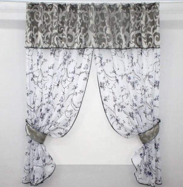 Шторки на кухню с ламбрекеном 270х170 см Белый/Серый/Сине-черный (084к)