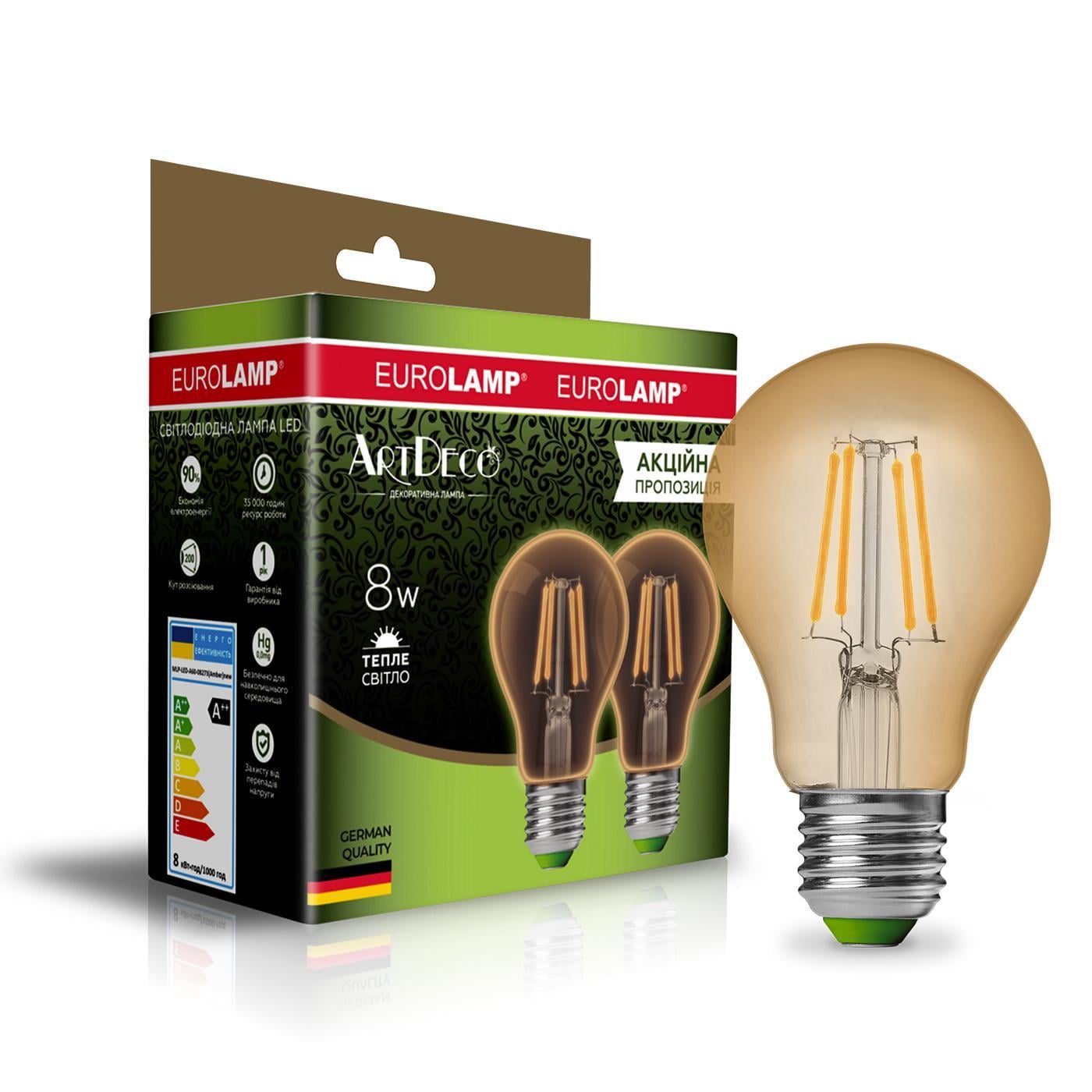 Лампа филаментовая Eurolamp Deco LED A60 8W E27 2700K 2 шт. (36813172)